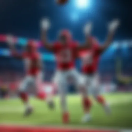 Jalen Hurts, George Pickens, and James Cook celebrating touchdowns in an NFL game