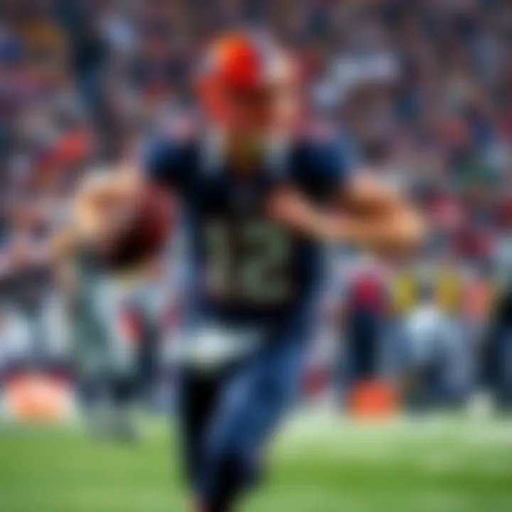 A top NFL quarterback running with the football during a game, showcasing his speed and agility on the field.