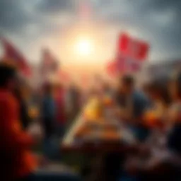 Fans enjoying a vibrant tailgate party with food, drinks, and team flags before an NFL game.