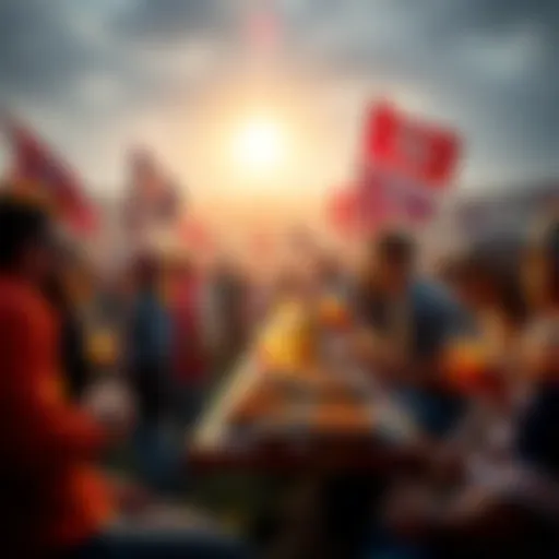 Fans enjoying a vibrant tailgate party with food, drinks, and team flags before an NFL game.