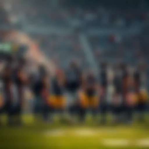 A football team gathers for a strategy discussion on the field during a tense moment in the game, with fans watching in the background.