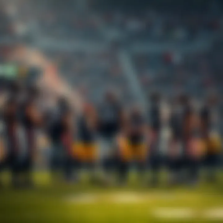 A football team gathers for a strategy discussion on the field during a tense moment in the game, with fans watching in the background.