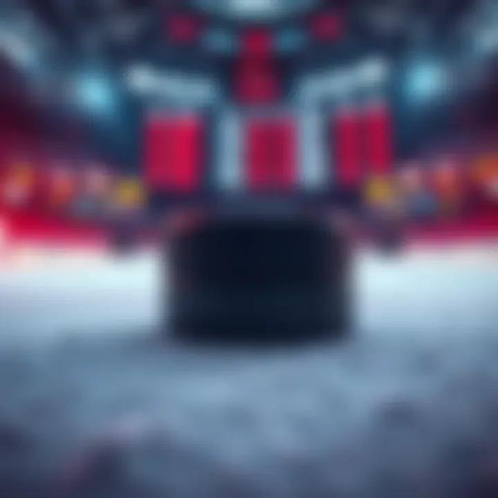 A hockey puck on an ice rink with betting odds displayed on a screen in the background