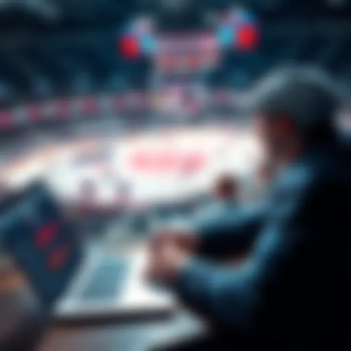 NHL Betting Insights A person reviewing hockey statistics and betting odds on a laptop with a hockey game in the background.
