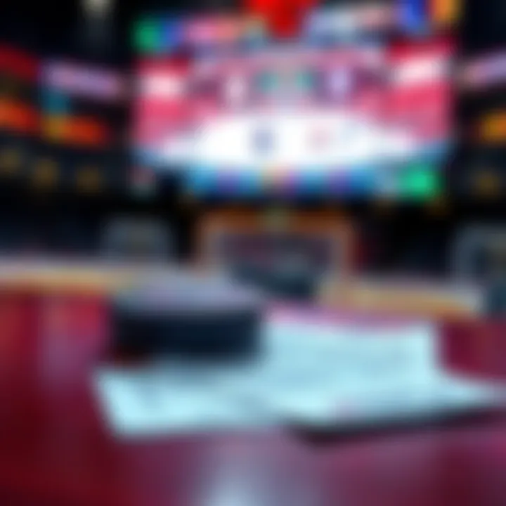 A hockey puck and betting slip on a table with a blurred hockey game on TV in the background