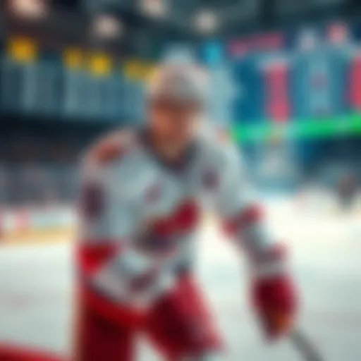 A hockey player in action with betting odds on a scoreboard behind him