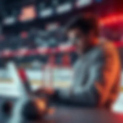A person studying NHL betting picks on a laptop with hockey gear in the background