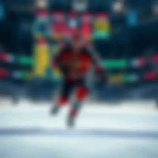 A hockey player skating on the ice with a betting graphic in the background, representing NHL betting strategies.