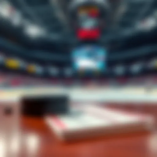 A hockey puck and betting slips on a table with a sports arena in the background