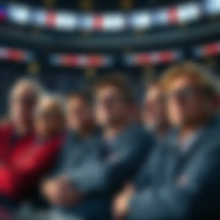 A group of frustrated bettors watching a hockey game as an empty net goal is scored, showing their discontent on their faces.