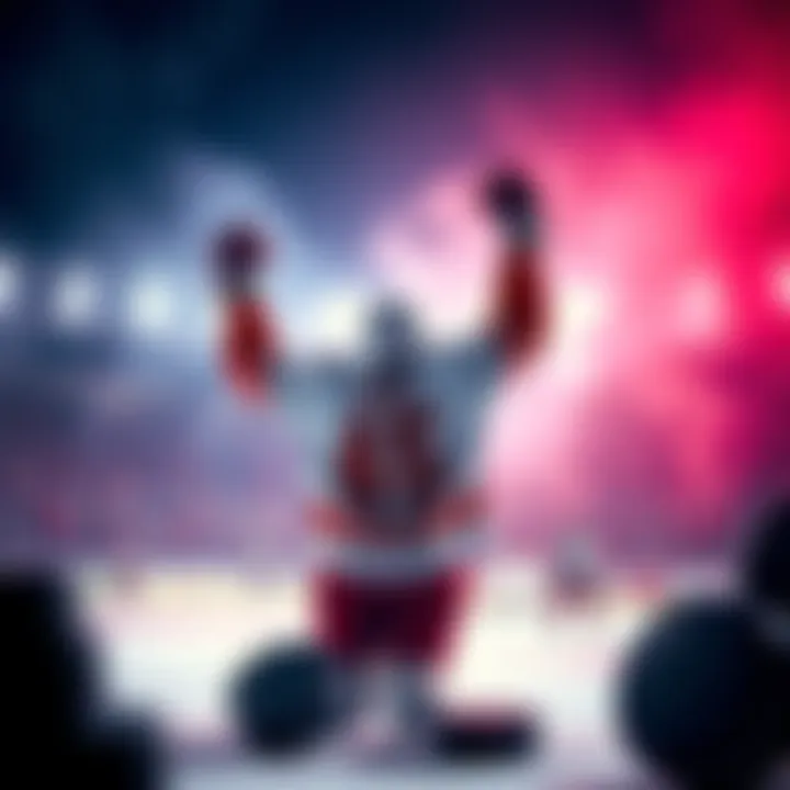 A hockey player celebrating a goal with arms raised in excitement, with betting slips and hockey pucks in the foreground