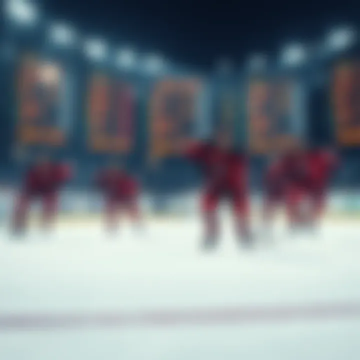 NHL players on the ice during a game with betting odds displayed in the background