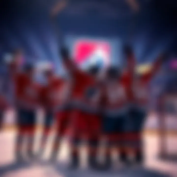 Players from different NHL teams celebrate after a winning goal during a game