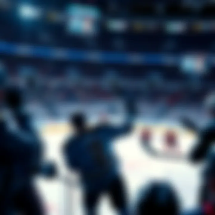 Players celebrating a goal during a hockey game with fans cheering in the background.