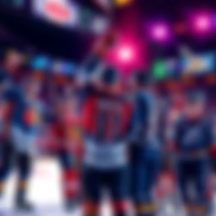 Players from different NHL teams celebrating after a game, with scoreboards showing recent results.