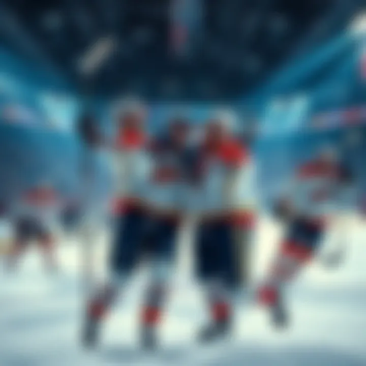 NHL Goal Scorer Celebration Excited players on ice celebrating a goal, showcasing joy and energy after a successful game