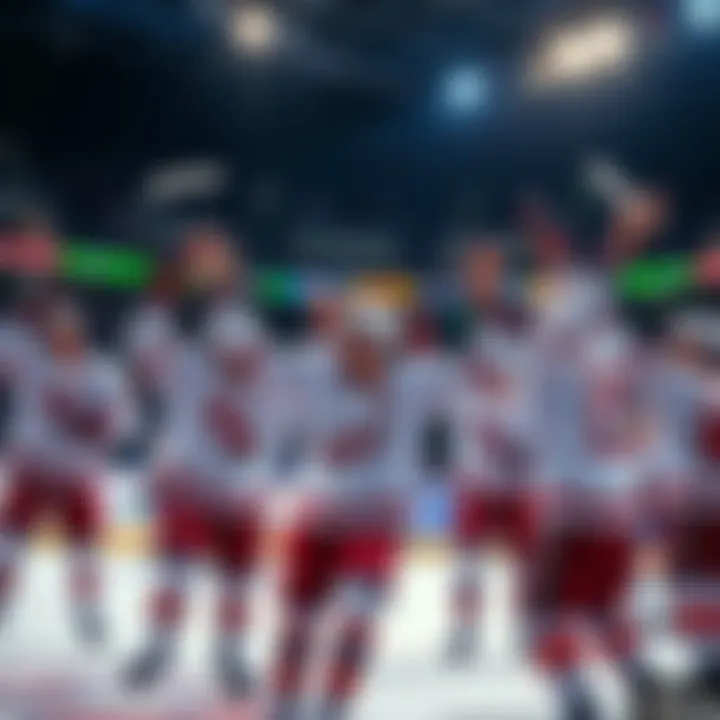 A group of NHL players celebrating after scoring goals, showcasing their excitement and team spirit