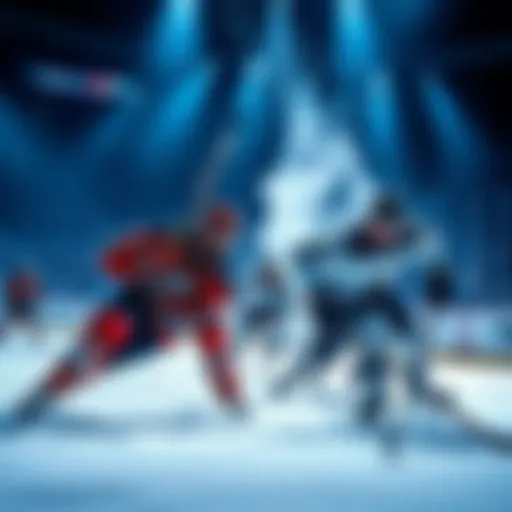 A group of NHL players competing on the ice, showcasing intense gameplay and teamwork