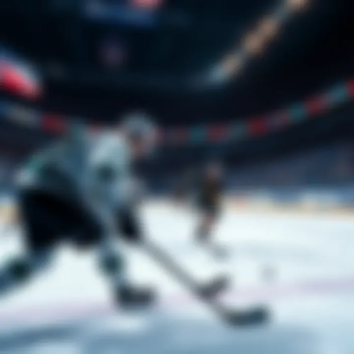 NHL players skating on the ice during a game, with a focus on a player scoring a goal