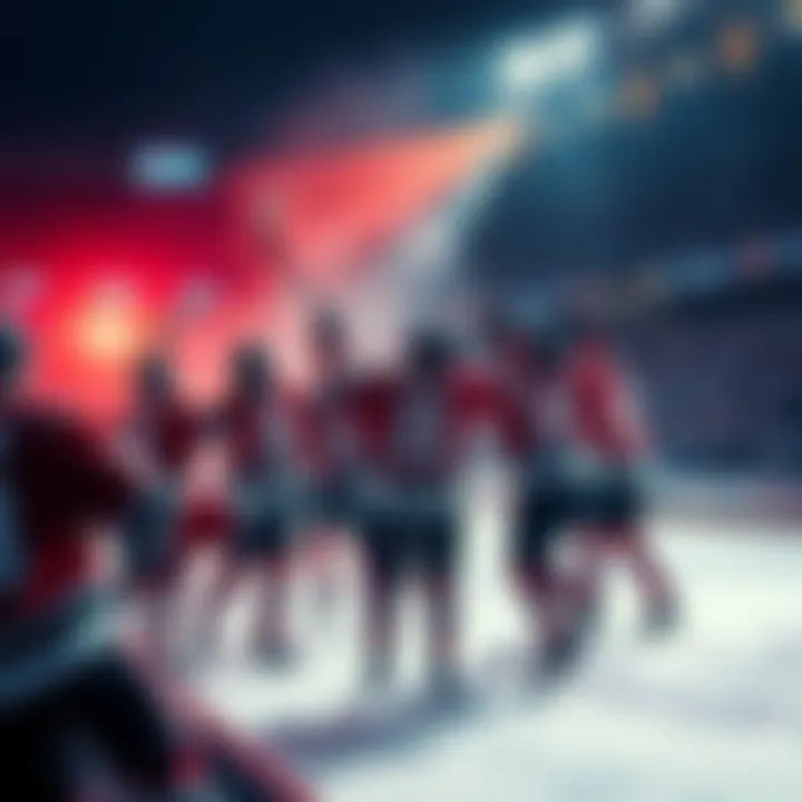A group of NHL players in jerseys celebrating after scoring a goal on the ice rink