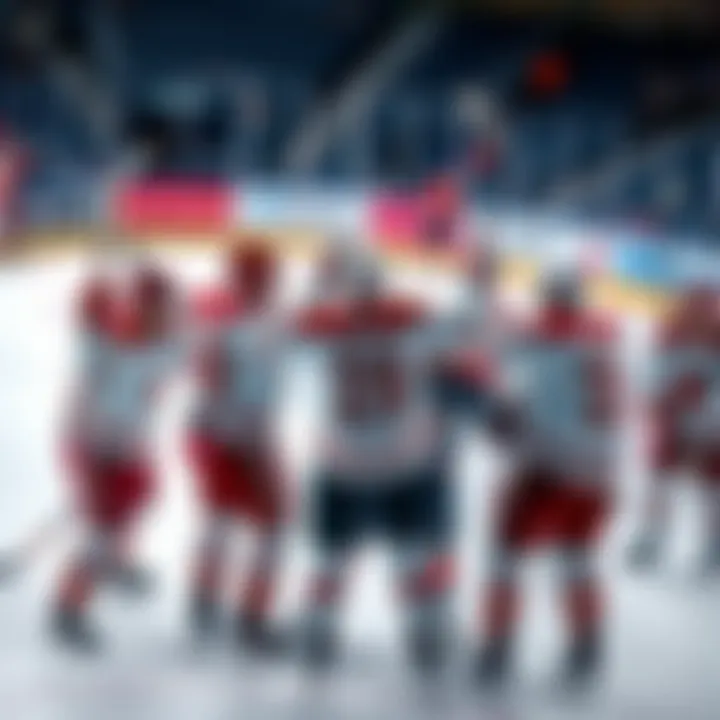 NHL players celebrating a goal on the ice, showing excitement and teamwork.