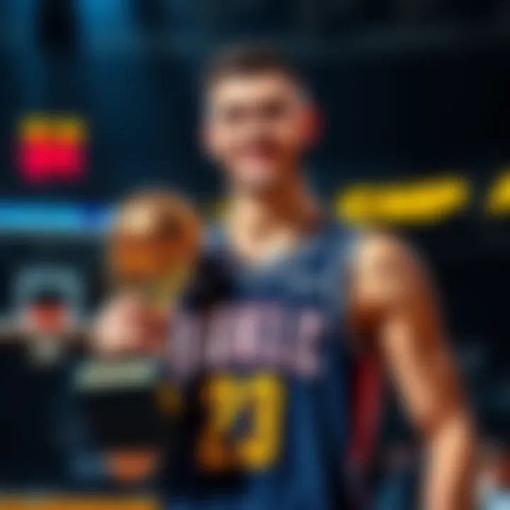 Nikola Jokic holding an MVP trophy Nikola Jokic proudly displays an MVP trophy while wearing his basketball jersey and smiling at the camera