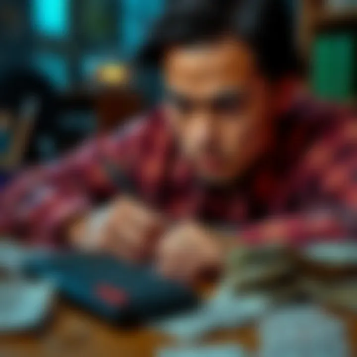 A person looking determined while writing a budget plan to tackle debt, surrounded by unpaid bills and a calculator.