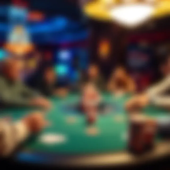A lively poker table at night with players focused on their game, chips stacked high and cards in hand.