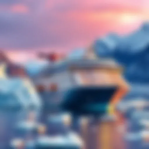 A Norwegian cruise ship in the icy waters of Alaska, surrounded by snow-capped mountains and glaciers.