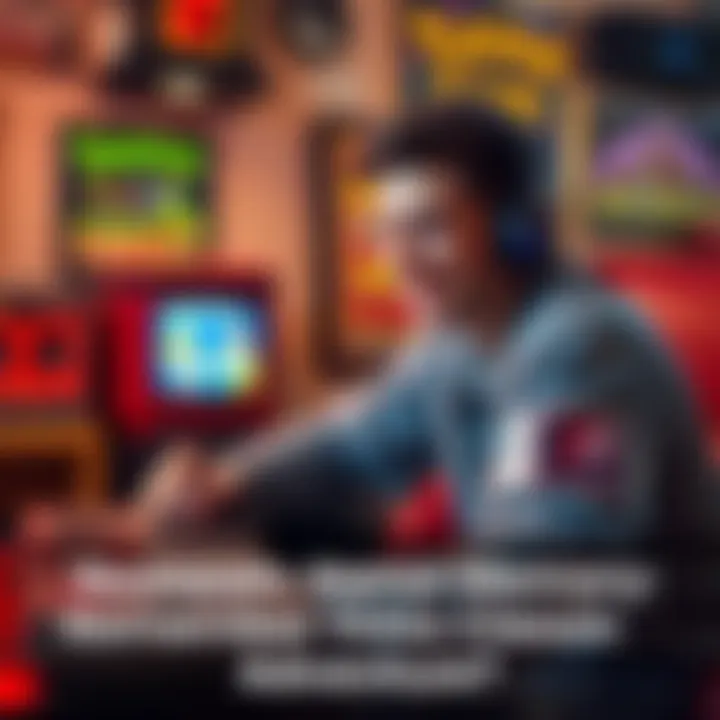 A player smiles while playing an old video game on a retro console, surrounded by nostalgic memorabilia.