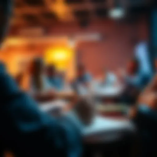 A person writing notes during a lively discussion at a meeting