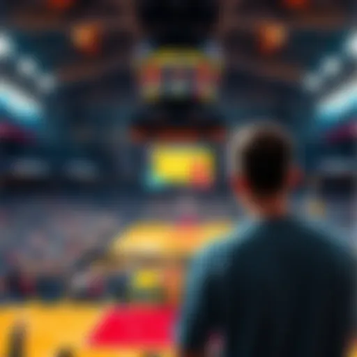 A basketball court showing the scoreboard with a close game result, a fan looking disappointed after a last-second shot.