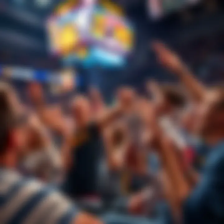 Fans celebrating during a thrilling Nuggets game with betting slips showing increasing amounts in overtime