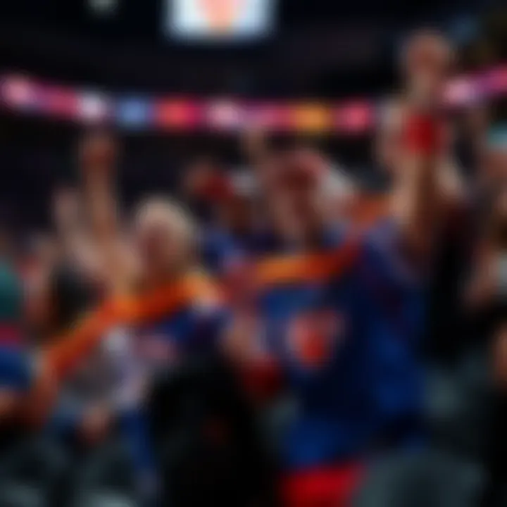 Excited fans in Knicks gear cheering during a basketball game