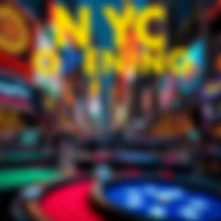 A bustling scene of New York City with colorful casino signs and poker tables in the foreground, highlighting the excitement of upcoming casinos.