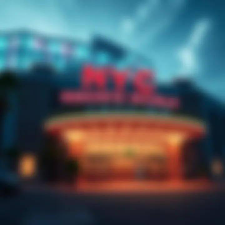 Exterior view of NYC Resorts World Casino with bright lights and a welcoming entrance.