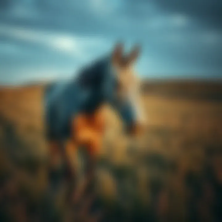 Ocelli, a gray racehorse, stands in a grassy field looking pensive, symbolizing his struggle in racing.