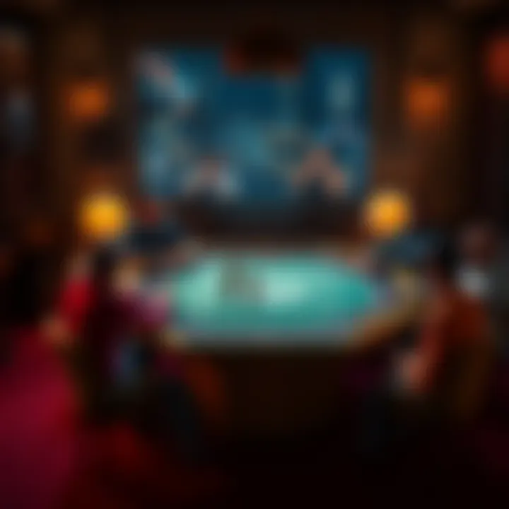 Octagonal table with players Eight players seated around a 50-inch octagonal table during a game night