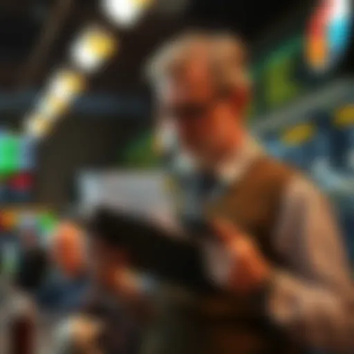 A confident man with a betting slip and calculator, analyzing odds in a lively betting environment.