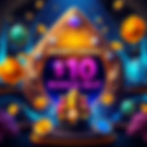 A colorful graphic showcasing a $10 bonus buy offer with symbols of rewards around it, representing the game Odin's Vault.