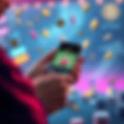 A person holding a smartphone with a sports betting app open, surrounded by casino chips and cryptocurrency symbols