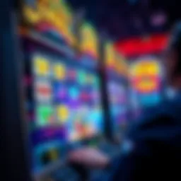 A colorful slot machine with reels showing various symbols and a player engaged in gameplay, illustrating the concept of online gambling.
