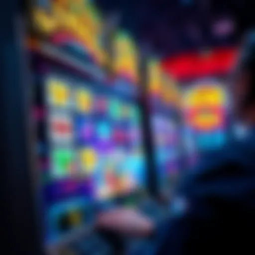 A colorful slot machine with reels showing various symbols and a player engaged in gameplay, illustrating the concept of online gambling.
