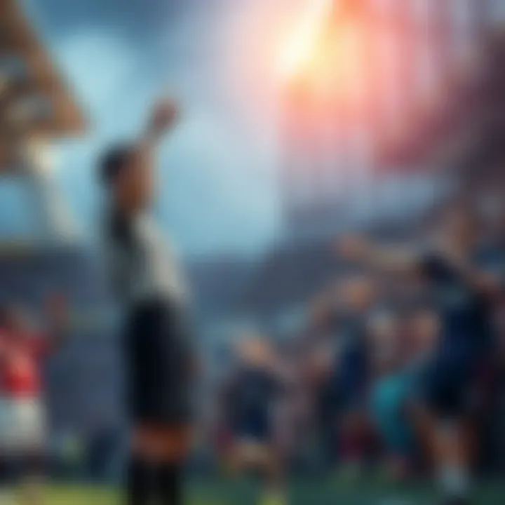A referee signaling an offside decision during a tense soccer match, players reacting in disbelief, fans cheering or groaning in the stands.