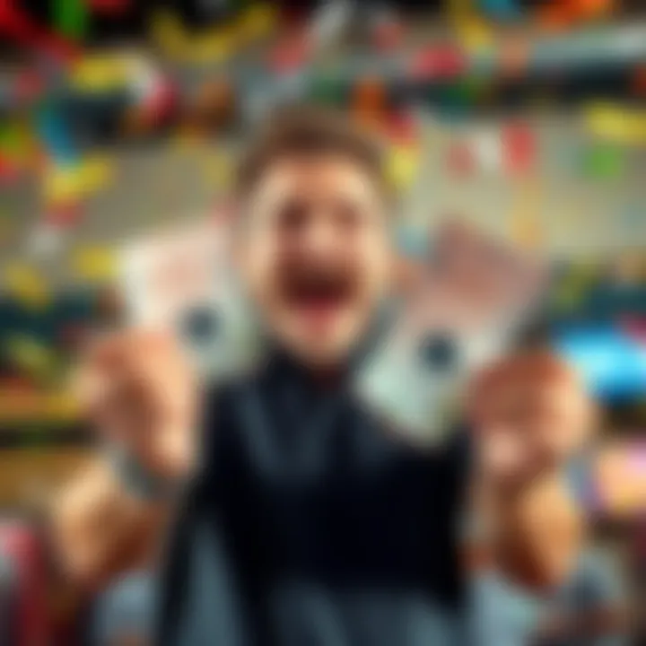 Ohio man celebrating lottery win An excited Ohio man holds two lottery tickets, one winning, with a big smile and confetti in the background