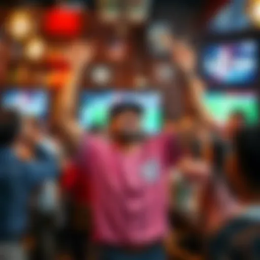 A happy bettor celebrating their winning bet on Shohei Ohtani's RBI with arms raised in excitement, surrounded by friends at a sports bar, showing a TV in the background displaying a baseball game.