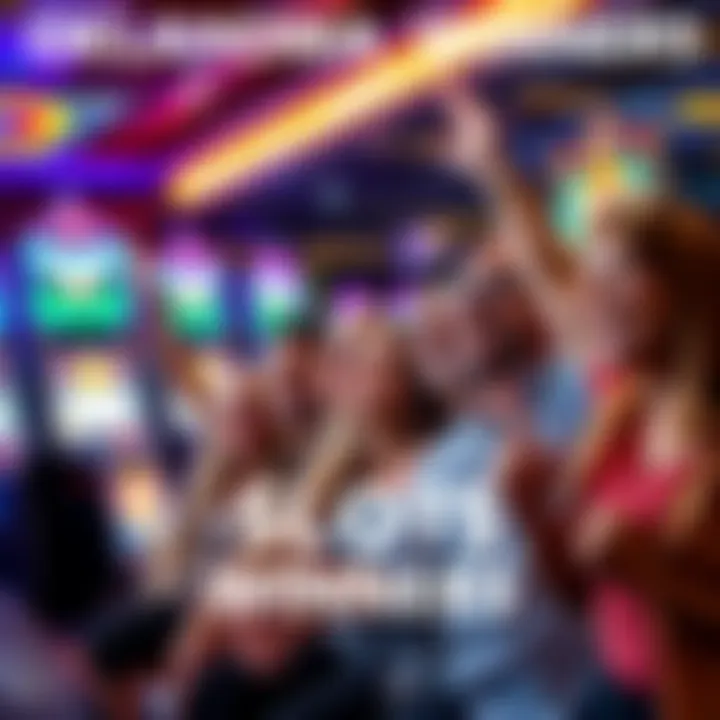 A group of happy Oklahoma casino players celebrating their slot machine wins with bright lights and colorful machines in the background.