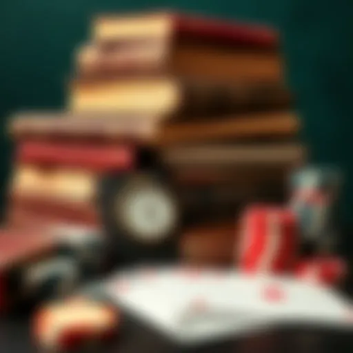 A collection of vintage poker books stacked with poker chips on the side, symbolizing a journey of learning the game.