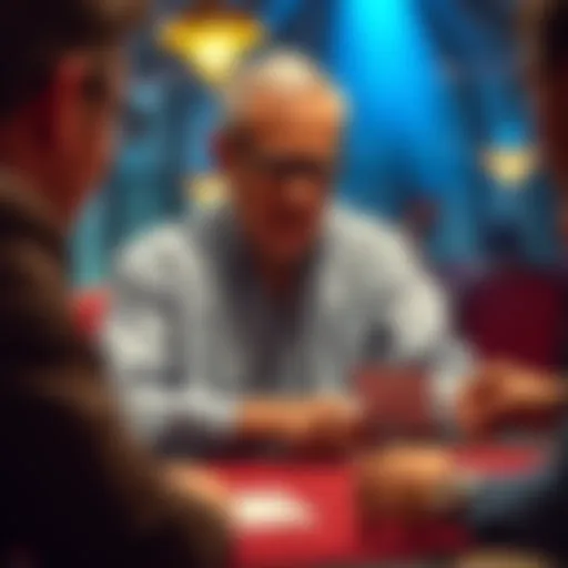 An older man sits at a poker table, reflecting on his hand in a 1/3 casino game while facing an aggressive opponent.
