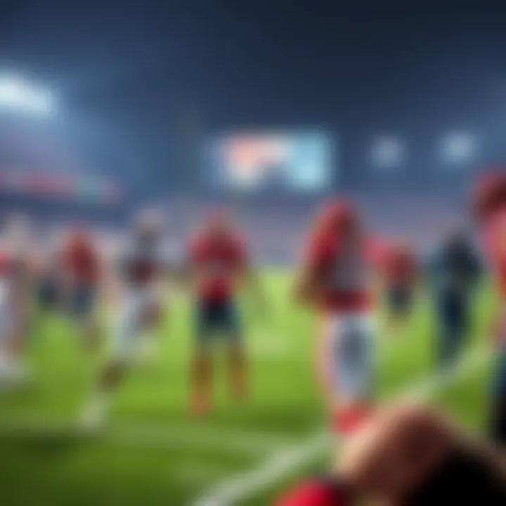 Players from Ole Miss and Miami (Fla.) on the field during the College Football Playoff Semifinal at State Farm Stadium, showcasing team jerseys and excitement from fans.